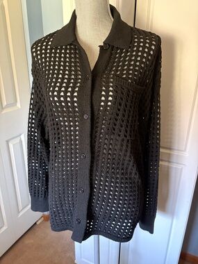 OAK + FORT Black Open-Weave Knit Button Cardigan Size Medium